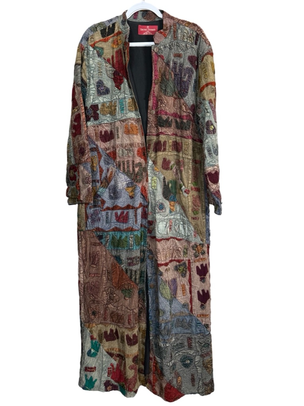 Sacred threads Vintage 1990s colorful hand quilted appliqued cotton duster coat